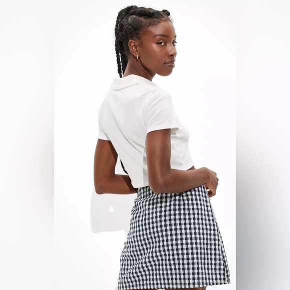 American Eagle Gingham Notched Mini Skirt Navy White Cotton Linen Size M - Picture 4 of 7